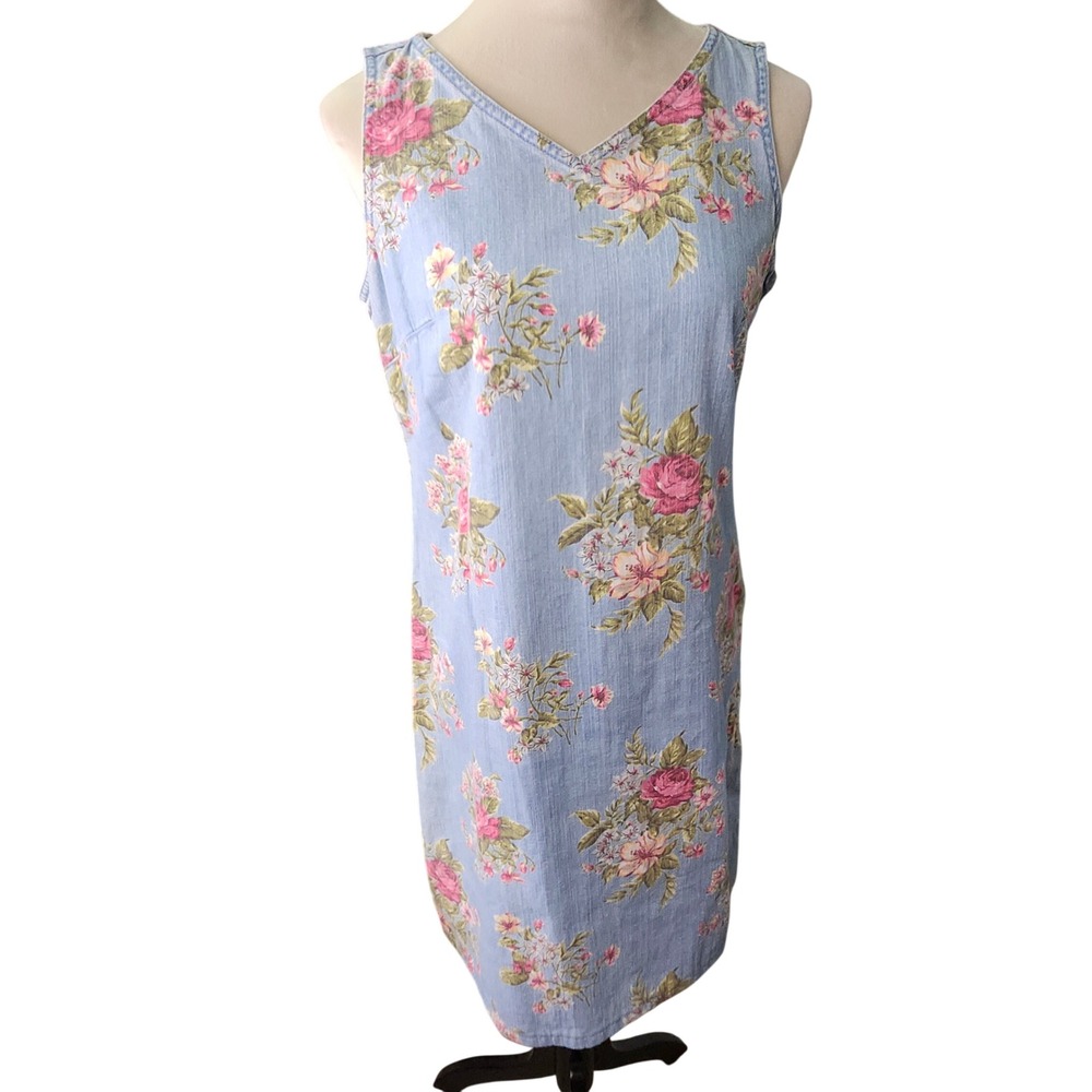 Liz Claiborne Denim Dress Size 4 VTG 90s Y2K Cotton Chambray Floral‎ Midi Chore